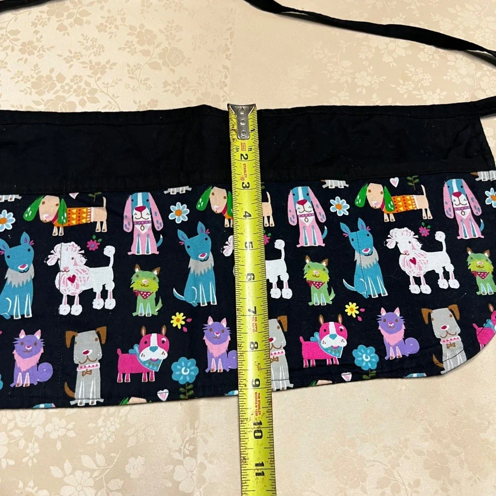 Handmade Dog Print Half Apron 3 Pockets Groomer Server Teacher Black Multi Color